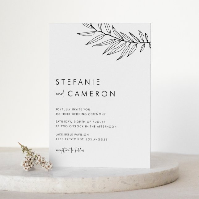 Black Boho Minimalistisch Foliage Wedding Einladung (Black Boho Minimalist Foliage Wedding Invitation)