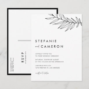 Black Boho Minimalistisch Foliage Wedding Einladungspostkarte