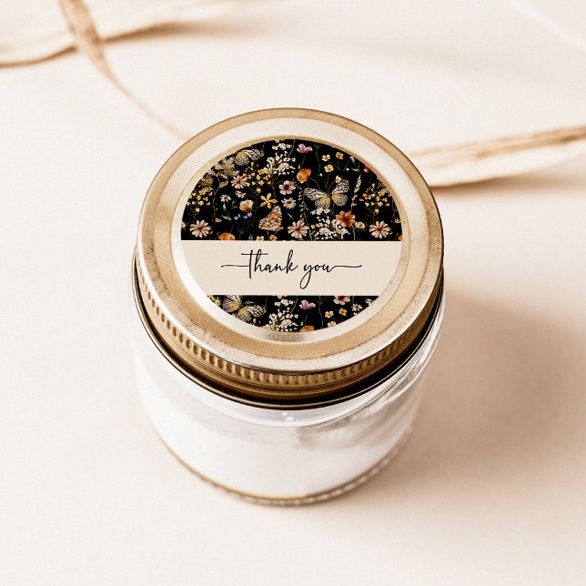 Black Boho Vielen Dank, Aufkleber (Black Boho Floral Thank You Sticker by Painted Paperie
)