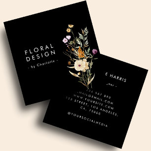 Black Boho Watercolor Wildflower Floral Designer   Quadratische Visitenkarte