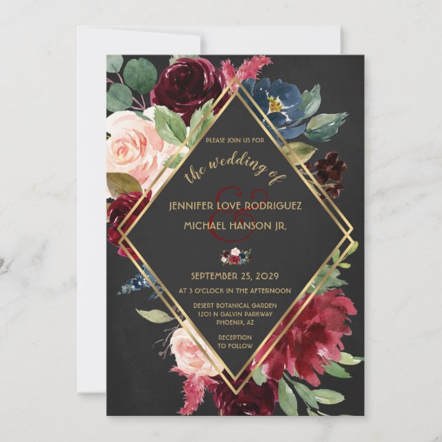 Black Boho Wedding Burgundy Merlot Gold Floral Einladung (Vorderseite)