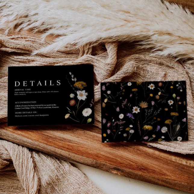 Black Boho Wildblume Wedding Details Card Begleitkarte (Von Creator hochgeladen)