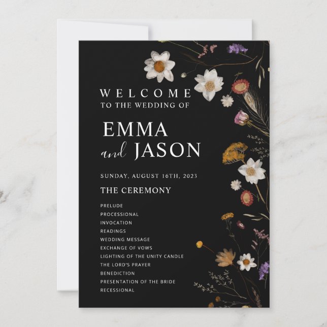 Black Boho Wildblume Wedding Program Einladung (Vorderseite)