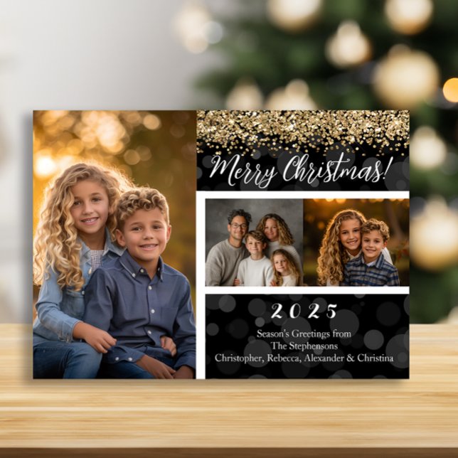 Black Bokeh Gold Glitzer 3-Foto Frohe Weihnachten (Black Bokeh Gold Glitter 3-Photo Merry Christmas Holiday Card)