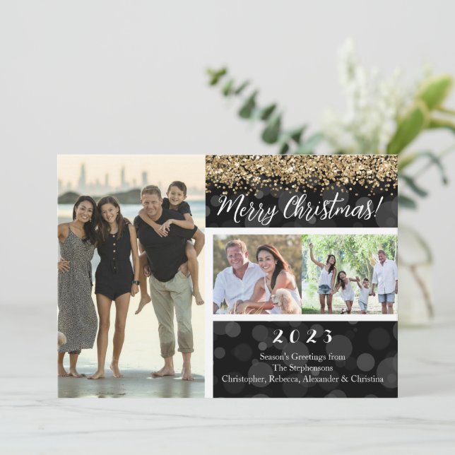 Black Bokeh Gold Glitzer 3-Foto Frohe Weihnachten Einladung (Stehend Vorderseite)
