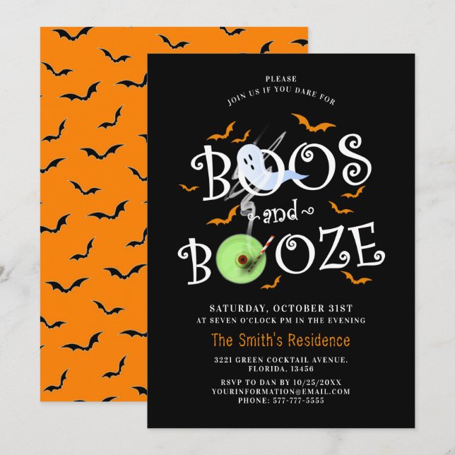 Black Boos & Booze Halloween-Party Einladung (Vorne/Hinten)