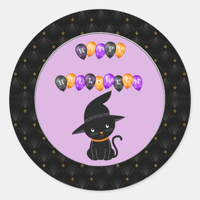 Black Border Black Cat Happy Halloween Balloons Runder Aufkleber (Vorderseite)