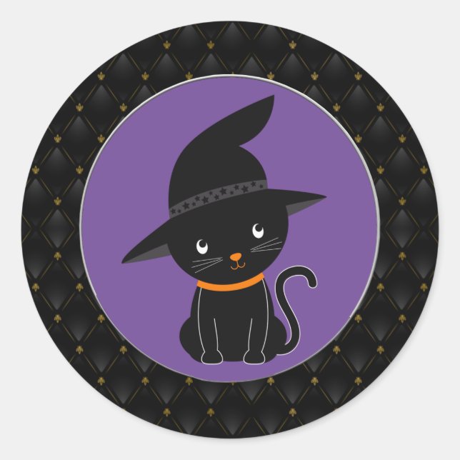 Black Border Black Cat mit einem Hexenhutenhalm Runder Aufkleber (Vorderseite)