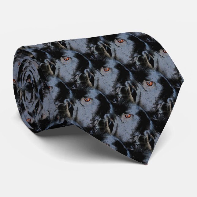 Black Border Collie Dog Face Animal Art Muster Krawatte (Gerollt)