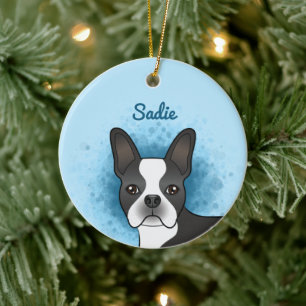 Black Boston Terrier Cartoon Dog On Blue & Name Keramik Ornament
