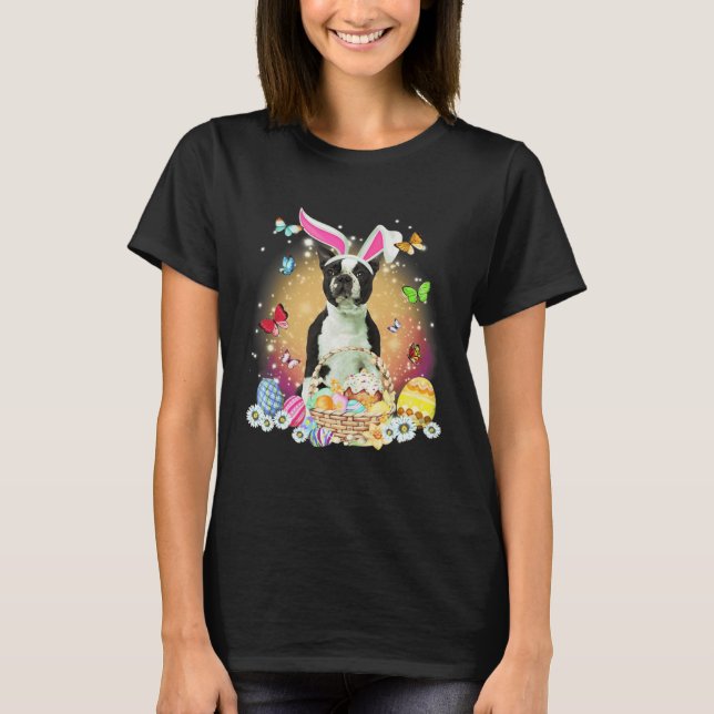 Black Boston Terrier Dog Bunny Easter Eggs Basket  T-Shirt (Vorderseite)