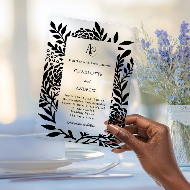 Black botanical modern monogram luxury wedding acryleinladungen (Von Creator hochgeladen)