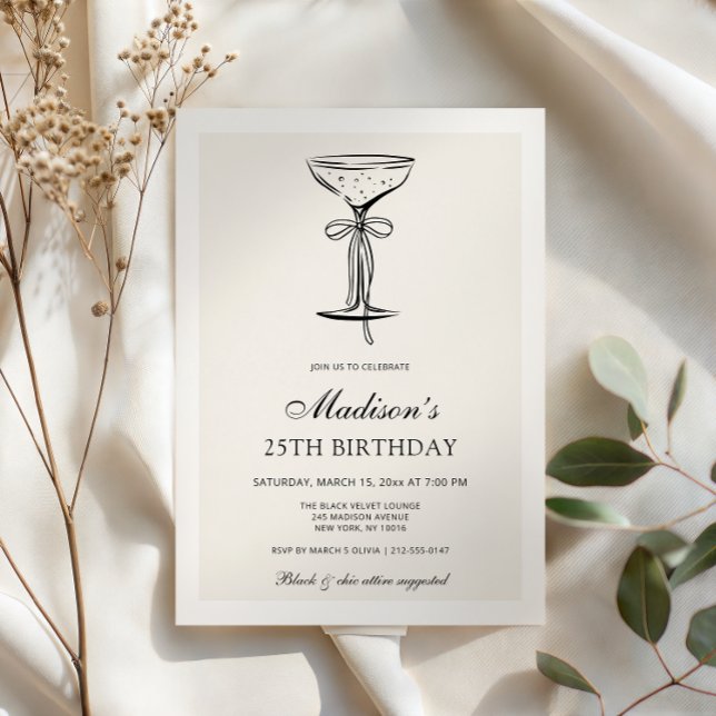 Black Bow Champagne Coupe Birthday Invitation Einladung (Von Creator hochgeladen)