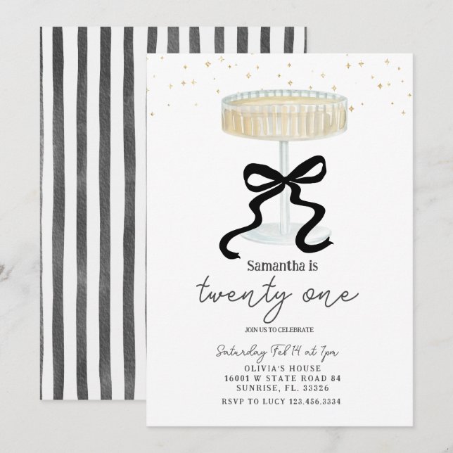 Black Bow Champagne Glass Party Invite Einladung (Vorne/Hinten)