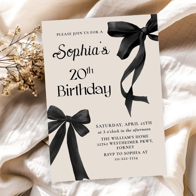 Black Bow Coquette 20th Birthday Party Invitation (Créateur téléchargé)