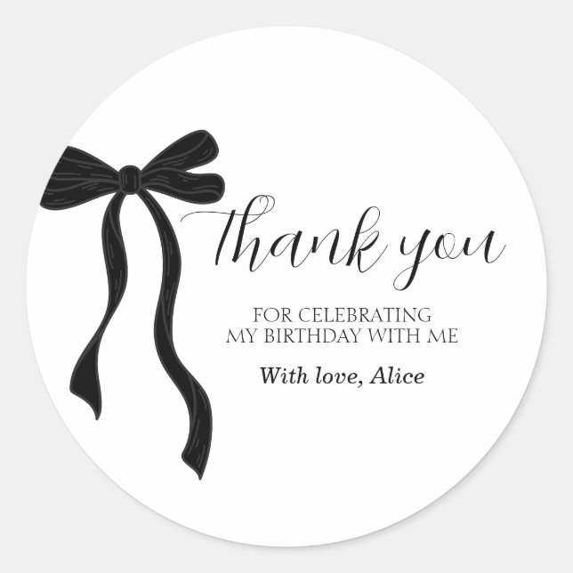 Black Bow Coquette Birthday Thank You Classic Roun Runder Aufkleber (Vorderseite)