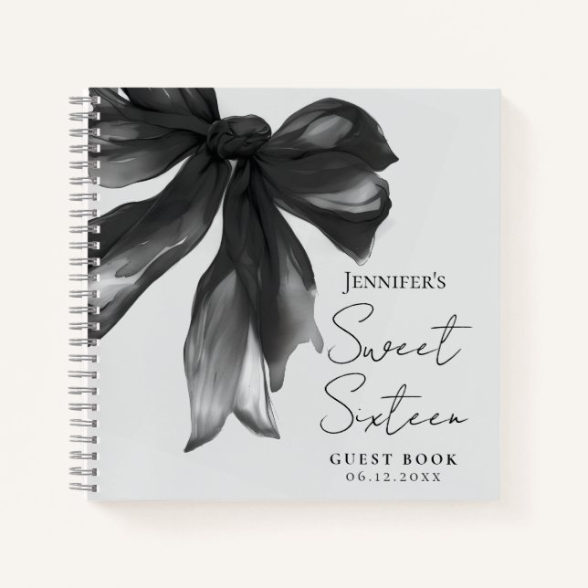 Black Bow Coquette Script Sweet 16 Guest Book Grey Notizbuch (Vorderseite)