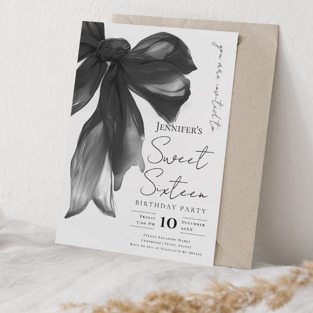 Black Bow Coquette Script Sweet 16 Party Einladung (Von Creator hochgeladen)