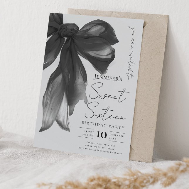 Black Bow Coquette Script Sweet 16 Party Gray  Einladung (Black Bow Coquette Script Sweet 16 Party Gray Invitation)
