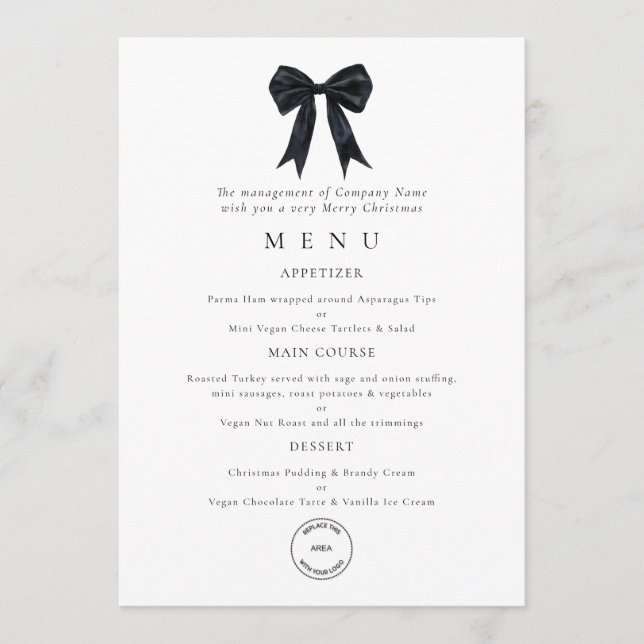Black Bow Corporate Logo Christmas Party Menu Card Einladung (Vorderseite)