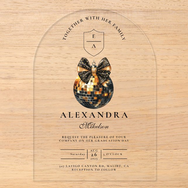 Black Bow Disco Ball Graduation Party Acryleinladungen (Vorderseite)