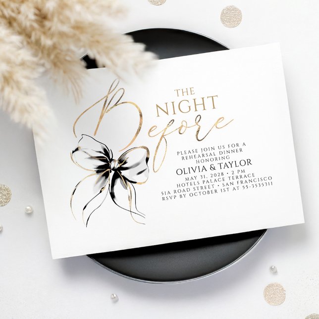 Black Bow Elegant Modern Chic Rehearsal Dinner Einladung (The Night Before Rehearsal Dinner Invitation with Black Bow)