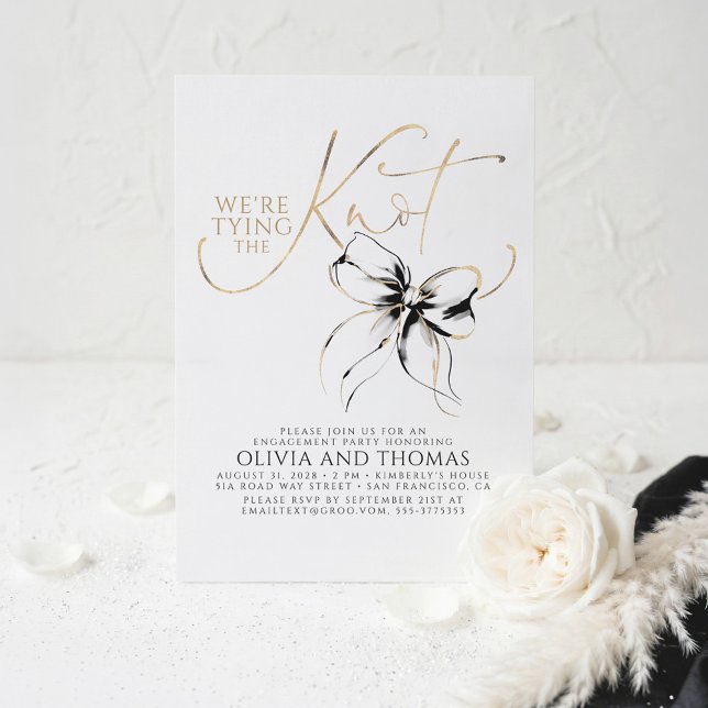 Black Bow Elegant Whimsical Engagement Party Einladung (We Are Tying The Knot Black Bow Whimsical Modern Engagement Party Invites)