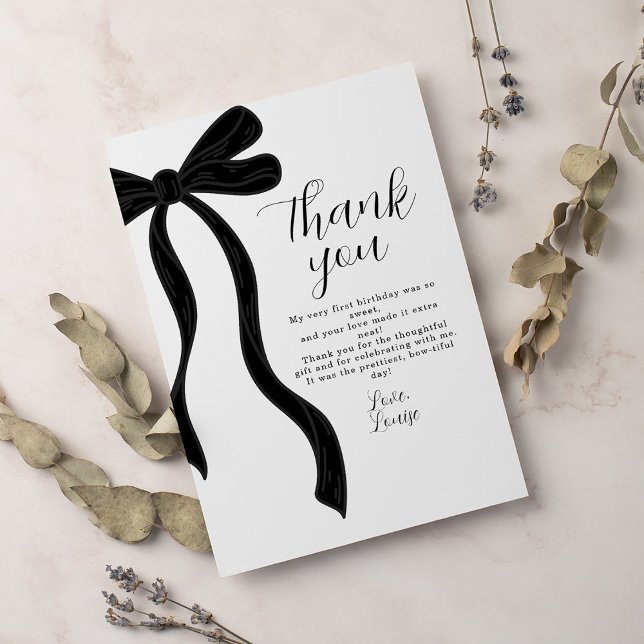 Black Bow First Birthday Coquette Thank You Card Dankeskarte (Von Creator hochgeladen)