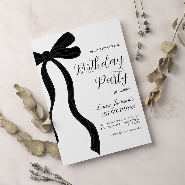 Black Bow First Birthday Party Invitation (Créateur téléchargé)