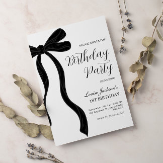Black Bow First Birthday Party Invitation Einladung