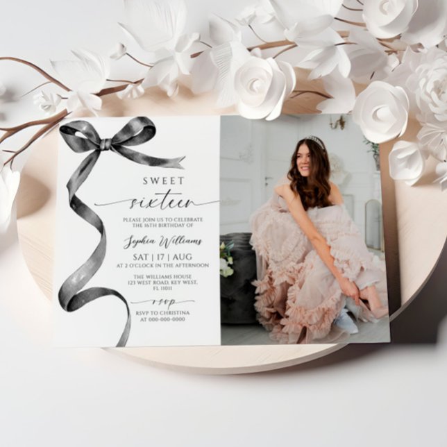 Black Bow Foto Sweet 16 Geburtstag Einladung (Von Creator hochgeladen)