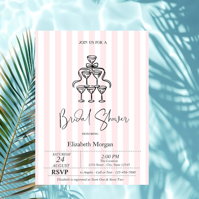 Black Bow Glasses Pink Stripes Brautparty Einladung (Von Creator hochgeladen)