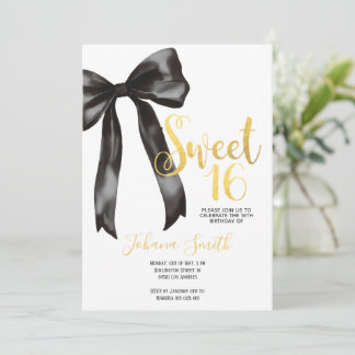 Black Bow Gold Sweet Sixteen Girl Birthday Party Einladung