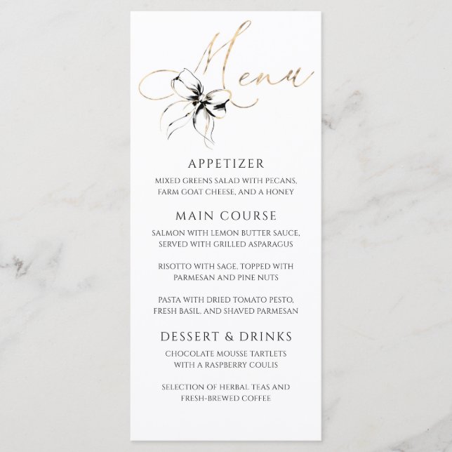Black Bow Gold Typography Elegant Party Menu Menükarte (Vorderseite)