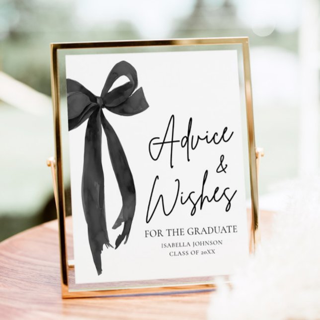 Black Bow Grad Party Graduate Ratschläge und Wünsc Poster (Modern Coquette Black Bow Graduation Party Graduate High School Advice and Wishes Sign)