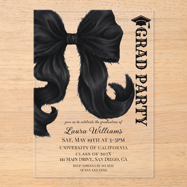 Black Bow Graduation Acryleinladungen (Vorderseite)