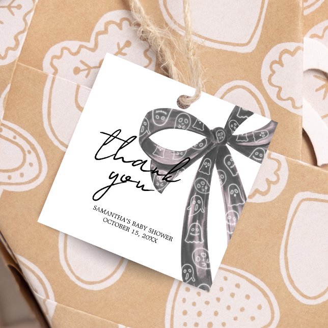 Black Bow Halloween Baby Showplatz Geschenkanhänger (Black Bow Little Boo Coquette Halloween Baby Shower Square Favor Tags)