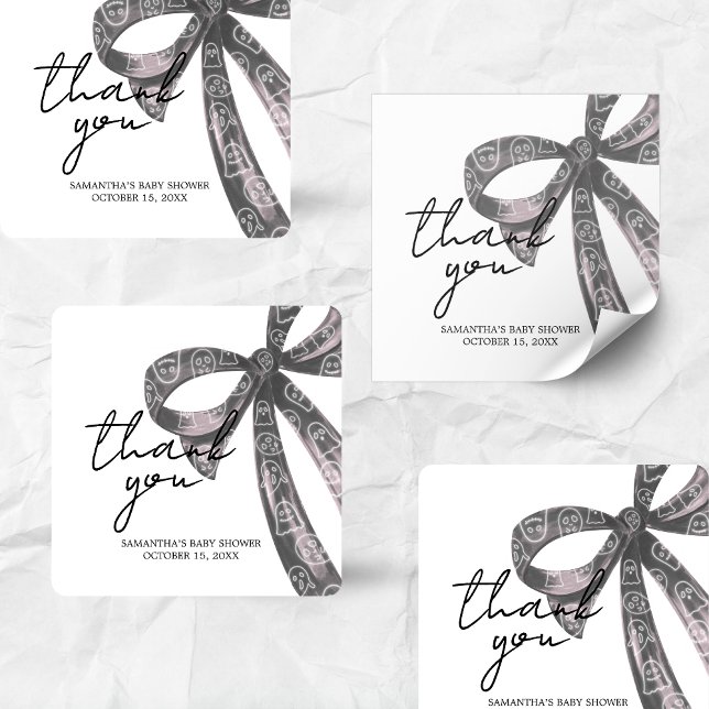 Black Bow Halloween Kinderdusche Quadratischer Aufkleber (Black Bow Little Boo Coquette Halloween Baby Shower Sticker)