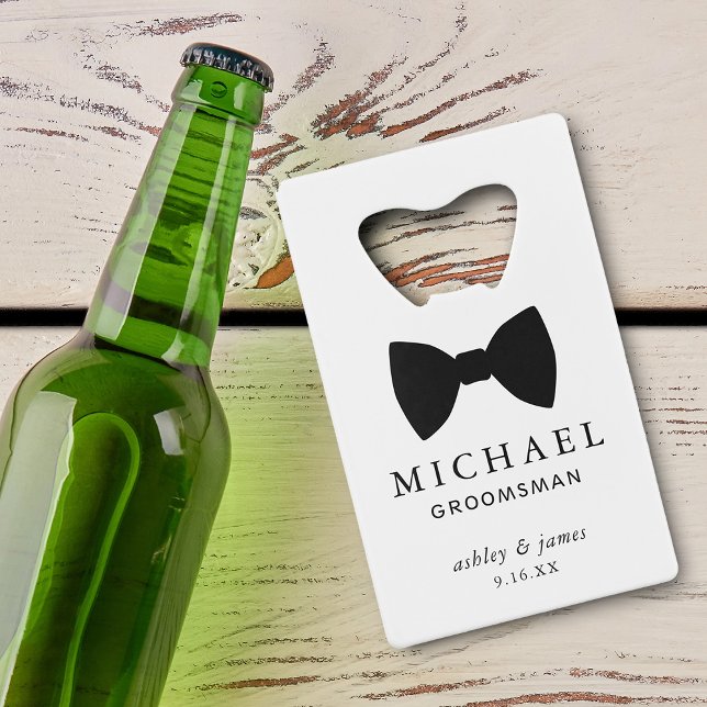 Black Bow Krawatte Trauzeuge Personalisiert Hochze Geldbeutel Flaschenöffner (Black Bow Tie Groomsman Personalized Wedding Credit Card Bottle Opener)
