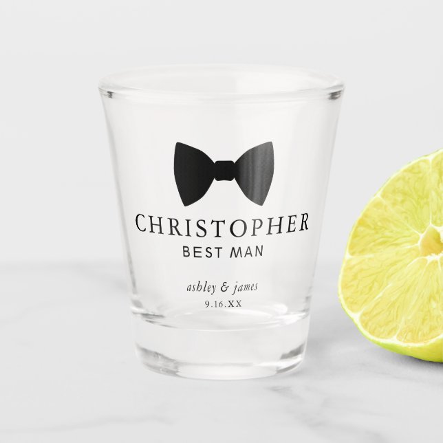 Black Bow Krawatte Trauzeuge Personalisiert Hochze Schnapsglas (Vorderseite)
