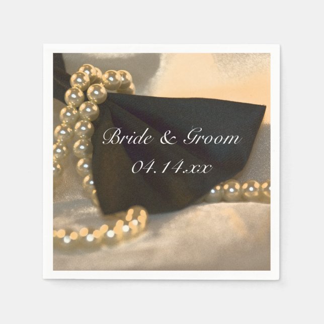 Black Bow Krawatte und White Pearls Hochzeit Serviette (Vorderseite)