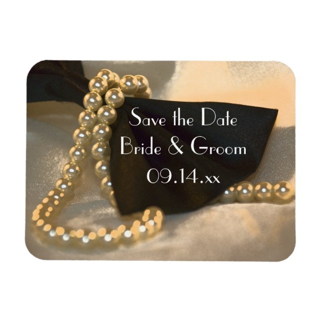 Black Bow Krawatte White Pearls Hochzeit Speichern Magnet (Horizontal)