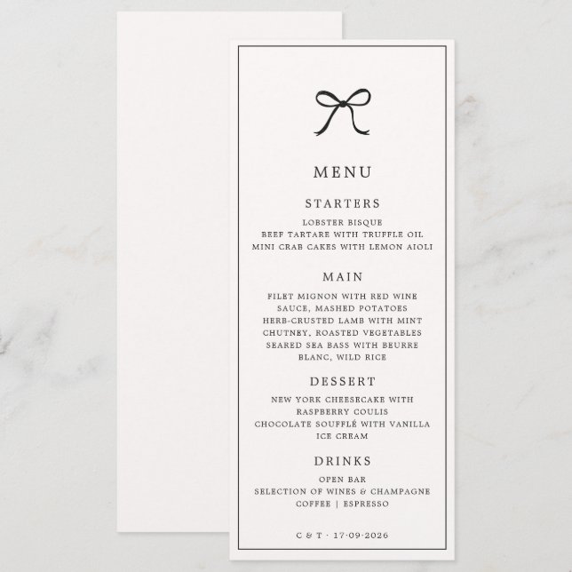 Black Bow Minimalistisch Elegante Wedding Menu Menükarte (Vorne/Hinten)
