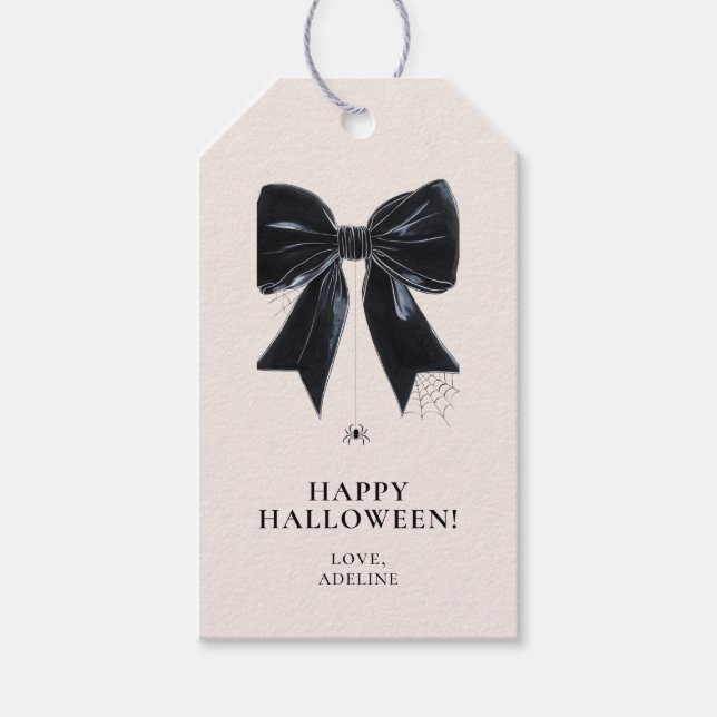 Black Bow mit Spider Happy Halloween-Geschenkmarke Geschenkanhänger (Vorderseite)