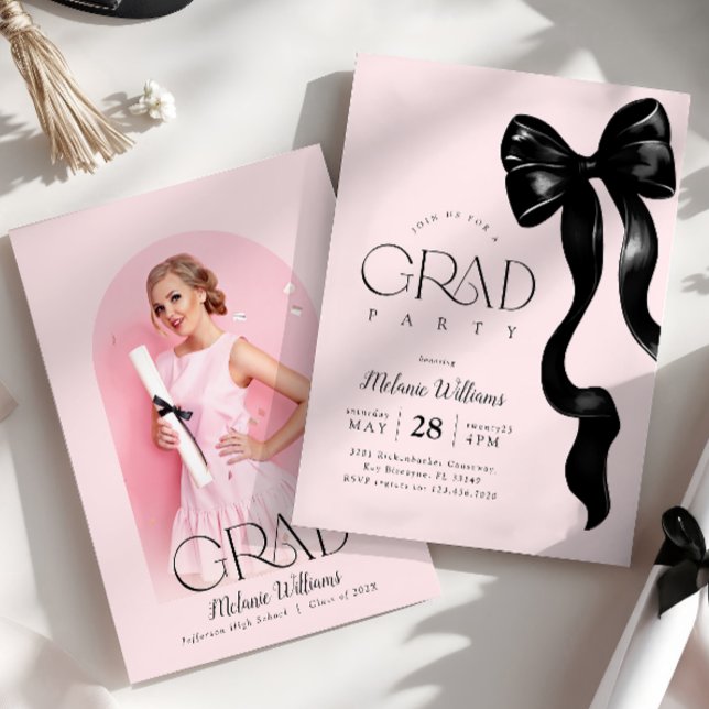 Black Bow Pink Grad Party Einladung (Von Creator hochgeladen)