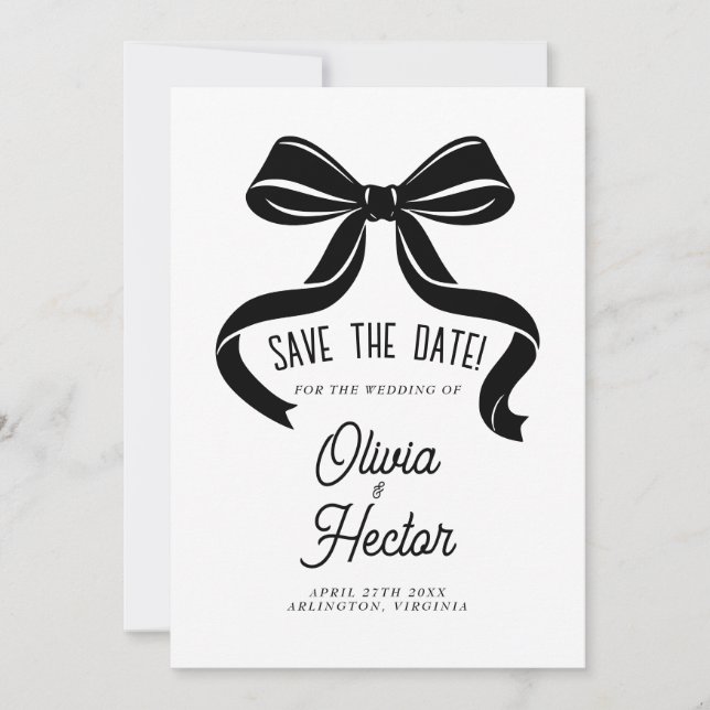 Black Bow Save the Date Modern Wedding Einladung (Vorderseite)