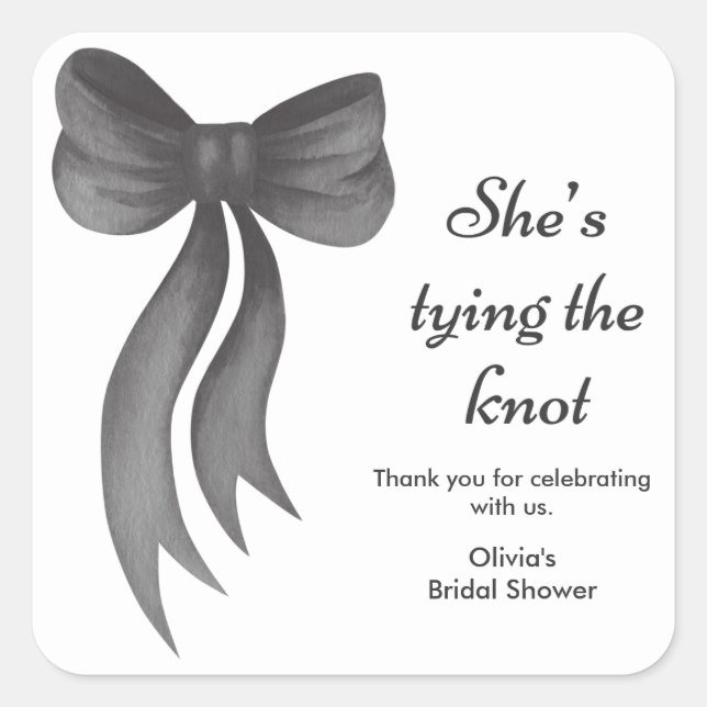 Black Bow She's Tying the Knot Bridal Shower  Quadratischer Aufkleber (Vorderseite)