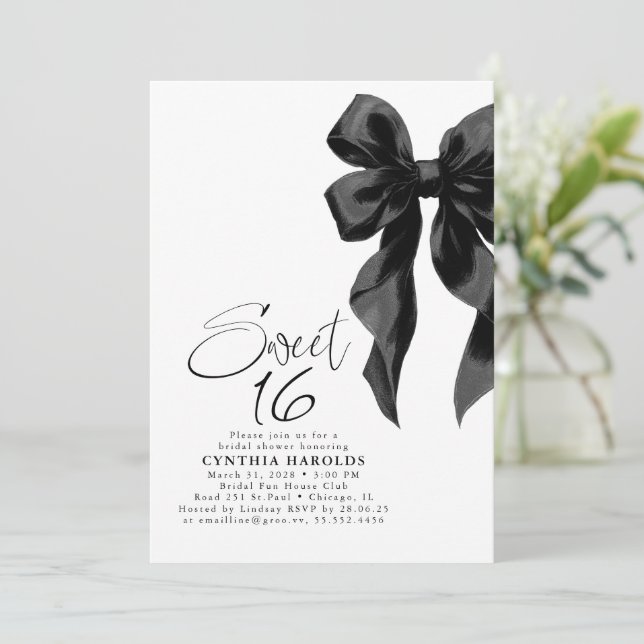 Black Bow Sweet 16 Birthday Einladung (Stehend Vorderseite)