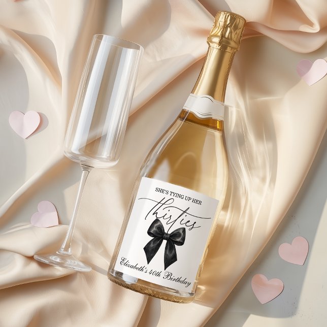 Black Bow Tying Up Her Thirties 40th Birthday (Black Bow Tying Up Her Thirties 40th Birthday Sparkling Wine Label)