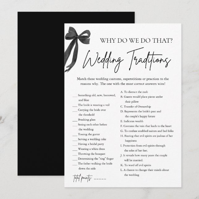 Black Bow Wedding Traditions Brautparty Game Einladung (Vorne/Hinten)